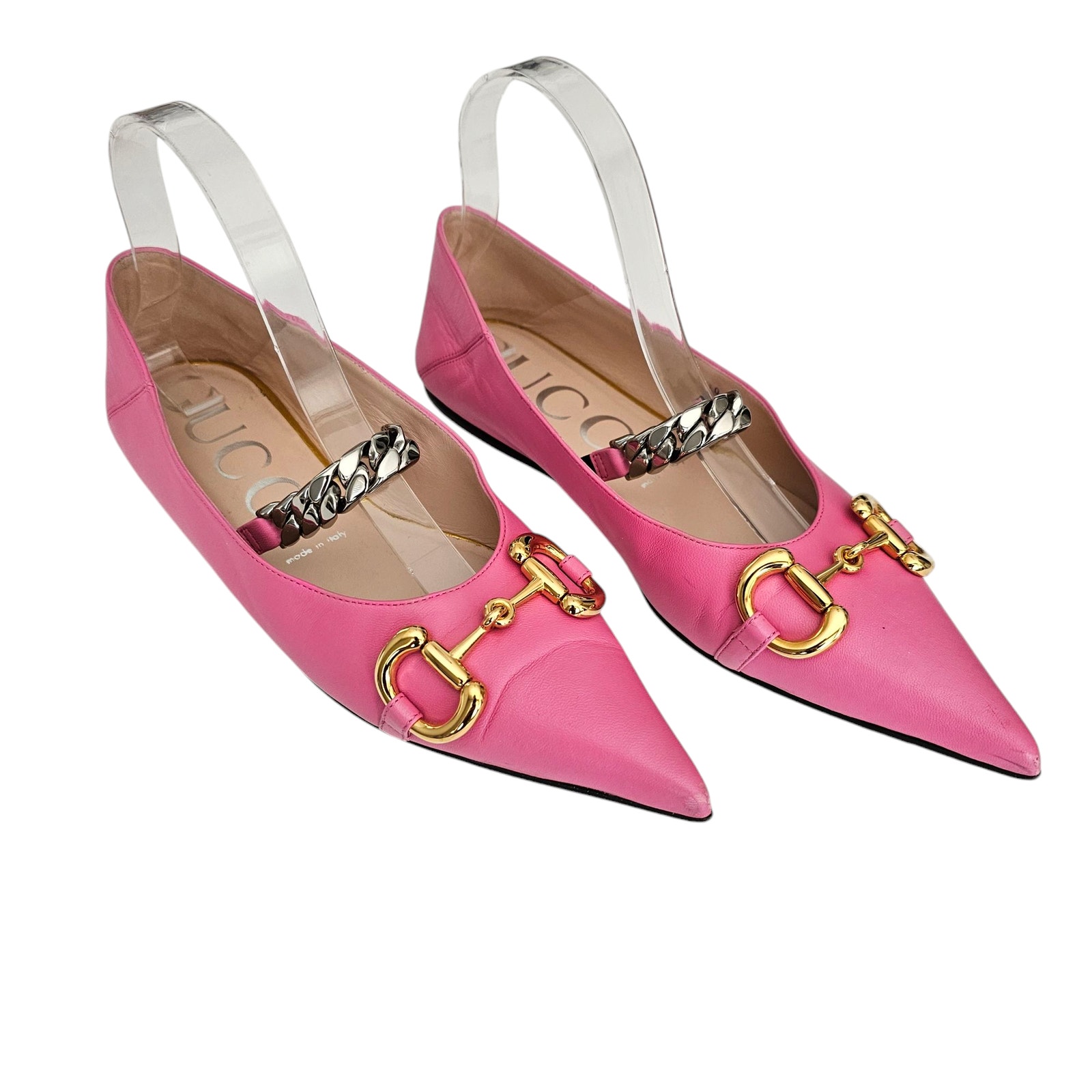 Gucci Horsebit Chain Pointed Toe Ballet Flat Size 38.5 Us 8.5 Pink Gold Silver